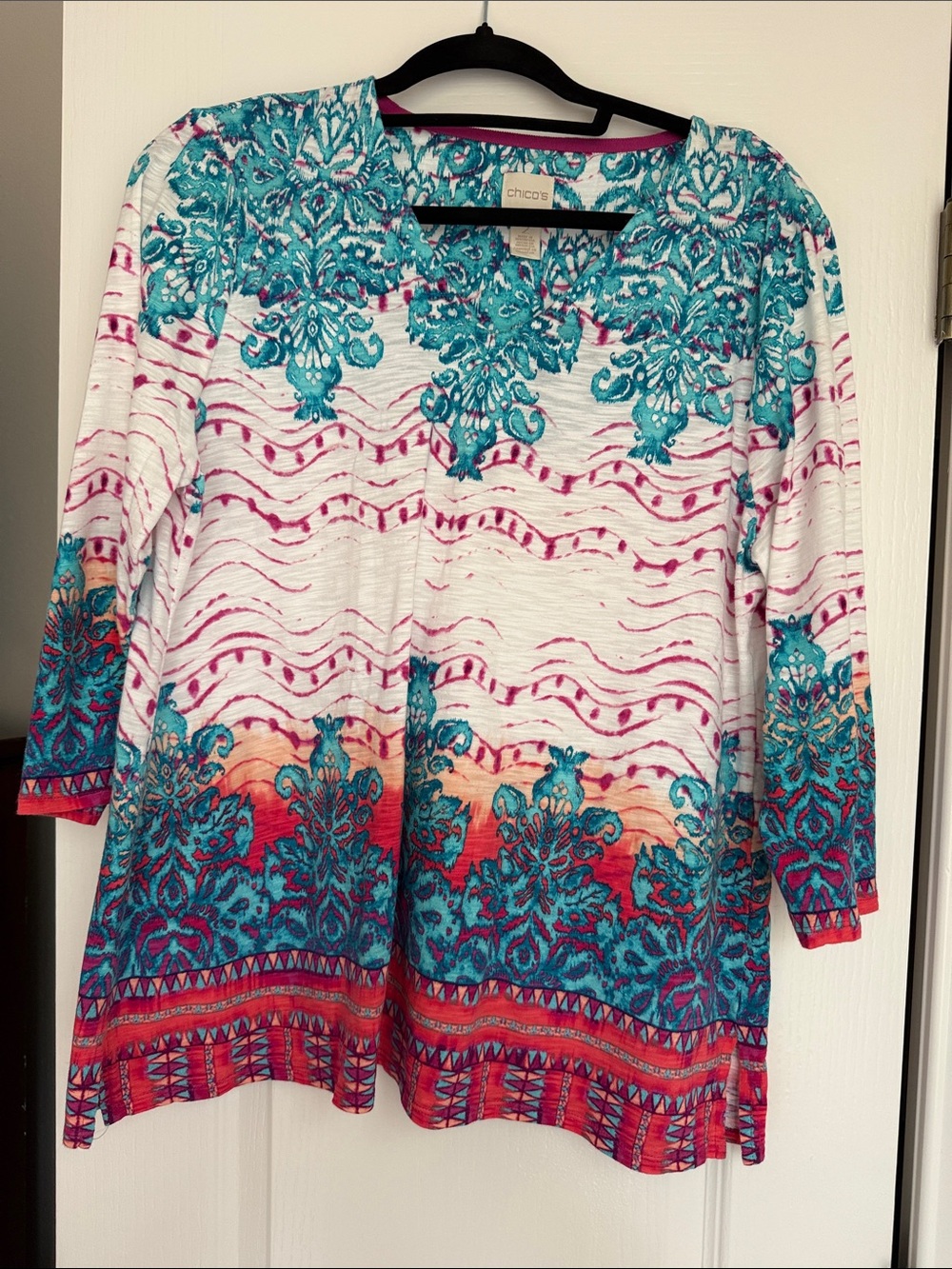 Chico's Turquoise, Coral & White Printed Tunic Top